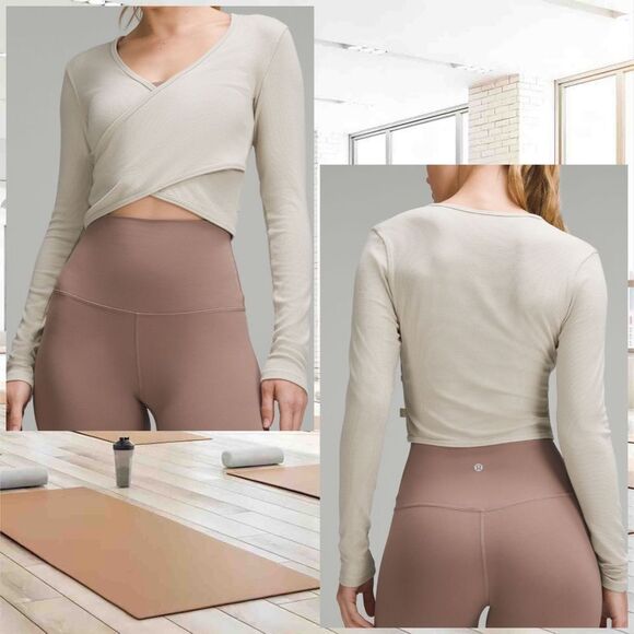 Lululemon Wrap-Front‎ Ribbed Long Sleeve Top Mojave Tan NWT WOMENS SIZE 12 - Picture 1 of 8